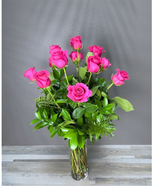 Dozen Hot Pink Roses Arrangement