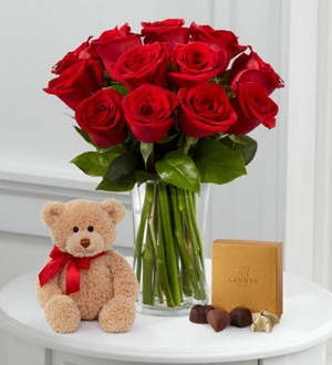 1 Dozen Long Stem Red Roses with Bear & Godiva®  .WGF422-N