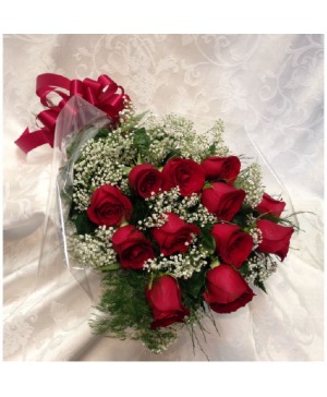 1 DOZEN LONG STEM RED ROSES WRAPPED BOUQUET
