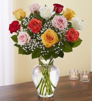 1 Dozen Multicolor Roses Vase Arrangement