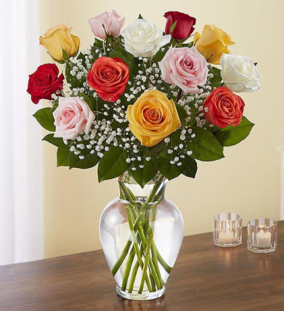 1 Dozen Multicolor Roses Vase Arrangement in Mcdonough, GA - Parade of