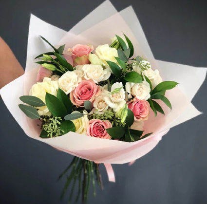 1 DOZEN PINK & WHITE ROSES WITH GREENERY WRAPPED 