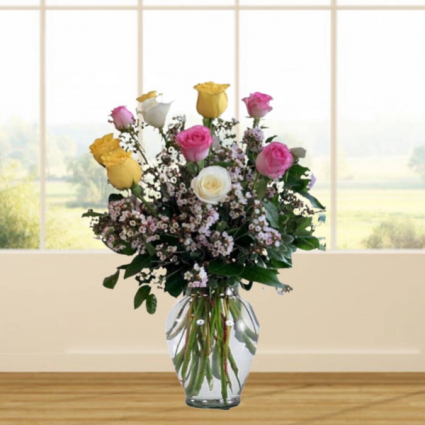 1 Dozen Pink, Yellow & White Roses
