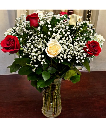 Dozen Red and White Roses 