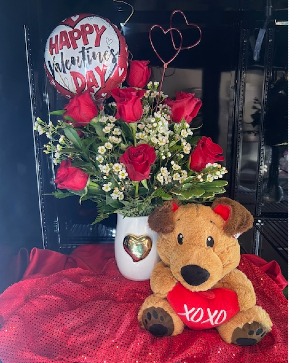 1 DOZEN RED ROSE WITH HEAT VASE/BEAR VALENTINE