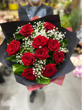 1 dozen romantic red roses wrapped bouquet 