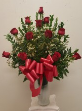 1 dozen roses in a glass vasel(White,H.LPink.Yello Birth Day