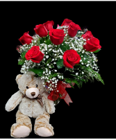 1 Dozen Roses in a vase with a Teddy Bear 
