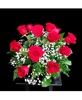 1 dozen roses in a vase with baby's breath 