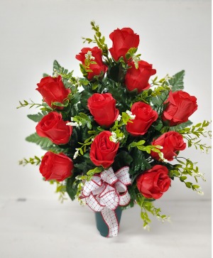 1 DOZEN SILK RED ROSES IN CEMETARY CONE 