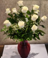 1 Dozen White Roses In Red Vase 