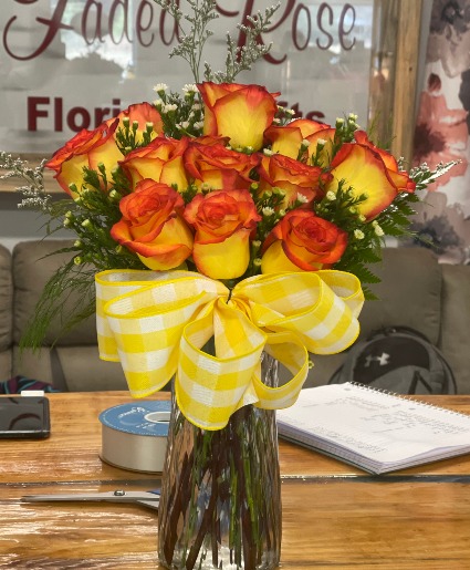 1 Dozen Yellow and Red Tip Roses Large Vase Arrangement 