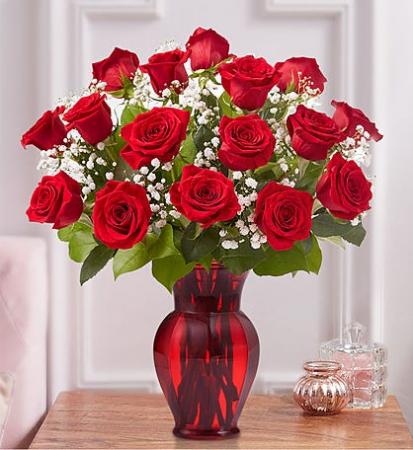 One Dozen Long Stem Red Roses  Arranged in Vase 