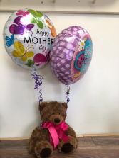 Hugs for mom #1 mom ribbon , balloons & cuddly teddy bear 