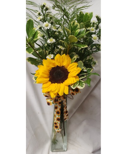 1 sunflower in a vase with filler 