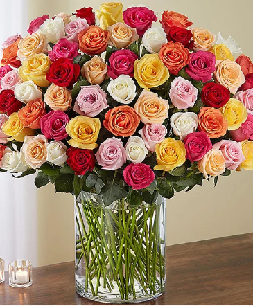 100 PREMIUM MULTICOLOR ROSES VASE ARRANGEMENT ROSES in Stockbridge, GA | Ruby's Flowers & Event Decor