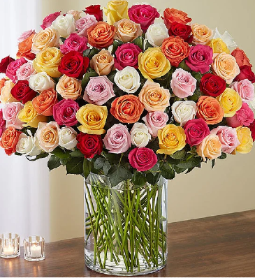 100 PREMIUM MULTICOLOR ROSES VASE ARRANGEMENT ROSE  in Mcdonough, GA | Parade of Flowers