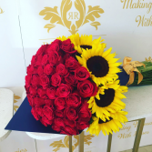 100 Premium Roses and 8 Sunflowers Bouquet Paper Wrapped 