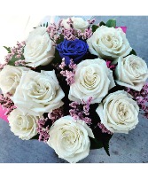 11 white roses with 1 everlasting blue rose 