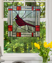 11"H Cardinal Red Stained Glass Window Panel Stained Glass