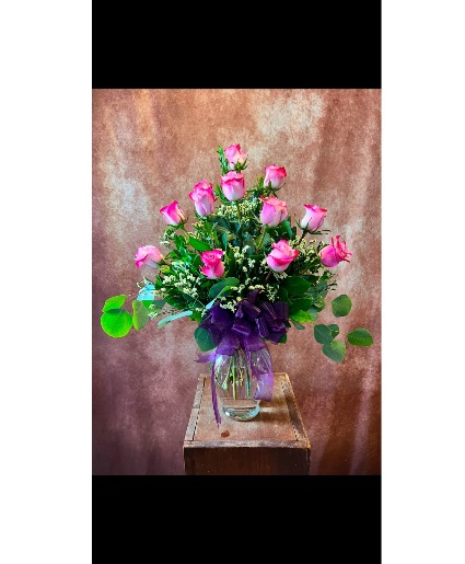 12 Deep Purple Rose Vase Roses