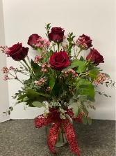 1/2 dozen roses vased with greens & filler Custom