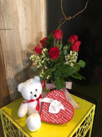 1/2 DZ RED ROSE VALENTINES SPECIAL 6 LONG STEM RED ROSE'S TEDDY BEAR TRUFFLES