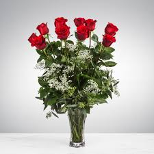 12 Red Long Stem Roses/Baby's Breath Vase Arrangement 