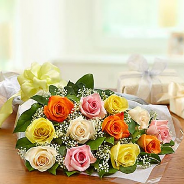 12 Mixed Roses Wrapped NO VASE