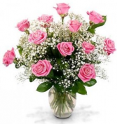 Pink Roses & Babies Breath Vase Arrangement