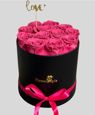 12 Preserved Hot Pink Roses in a Round Box Preserved Rose Box in Miami, FL | FLOWERTOPIA