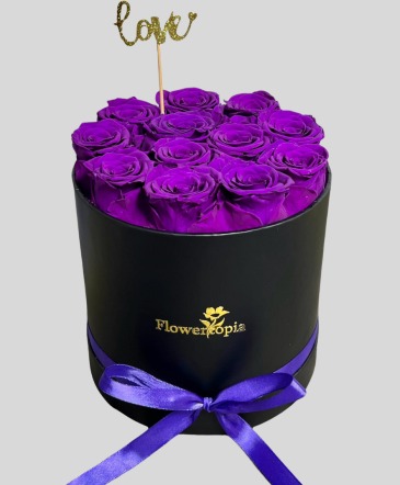 Real Purple Preserved Roses in Black Round Box,  Preserved Rose Box in Miami, FL | FLOWERTOPIA