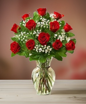 12 Red Roses Arranged in a Vase 