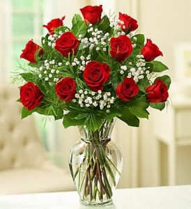 roses, baby breath and greenery with basket in Rockville, MD