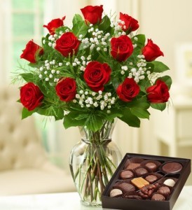 12 Long Stem Red Roses & Assorted Chocolate 