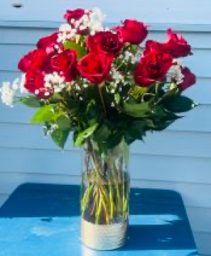 12 Red Roses in Gold vase 