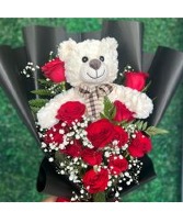 12 Red Roses Ramo with teddy Bear  