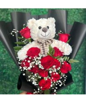 12 Red Roses Ramo with teddy Bear  