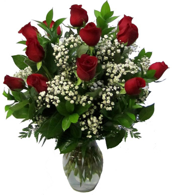 12 red roses vased