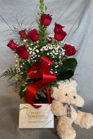 12 red roses vase with chocolates , plush bear  Fresh Flowers in Fowlerville, MI | ALETA'S FLOWER SHOP