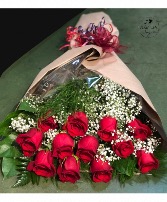 12 Red Roses with baby’s breath 