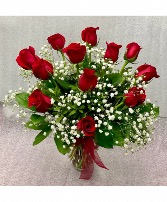 12 Red Roses With  Baby’s Breath Vase  arrangement 