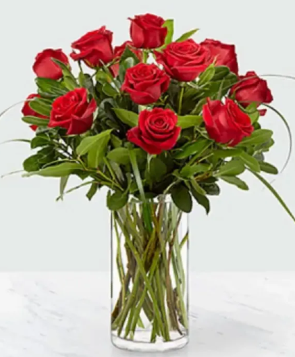 12 Red Roses with Greens in Vase 