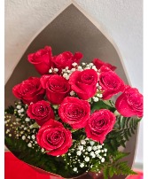 12 Red Roses Wrapped No Vase Bouquet