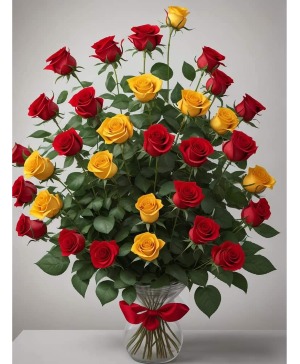 12 yellow and 24 red roses in a vase 