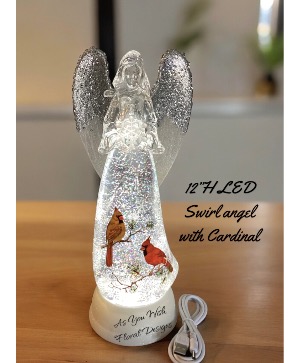12”H LED swirl Angel with Cardinal  Gift