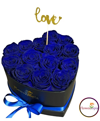 14 Rosas Azules Preservadas en Caja de Corazon 