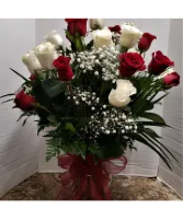 Vase of White and Red Roses Roses