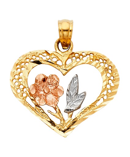 14K  Heart with Rose Pendant 