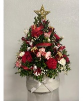 16"-22" local farm decorated boxwood tree. Table top mini Christmas tree decorated to liking of colors and floral tier.
